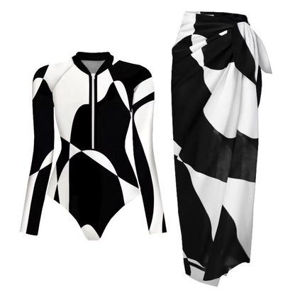 Womens Long Sleeve One Piece Swimsuit With Wrap Skirt Vintage Print Surfing Bathing Suit 5