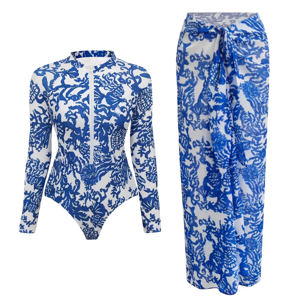 Womens Long Sleeve One Piece Swimsuit With Wrap Skirt Vintage Print Surfing Bathing Suit 8