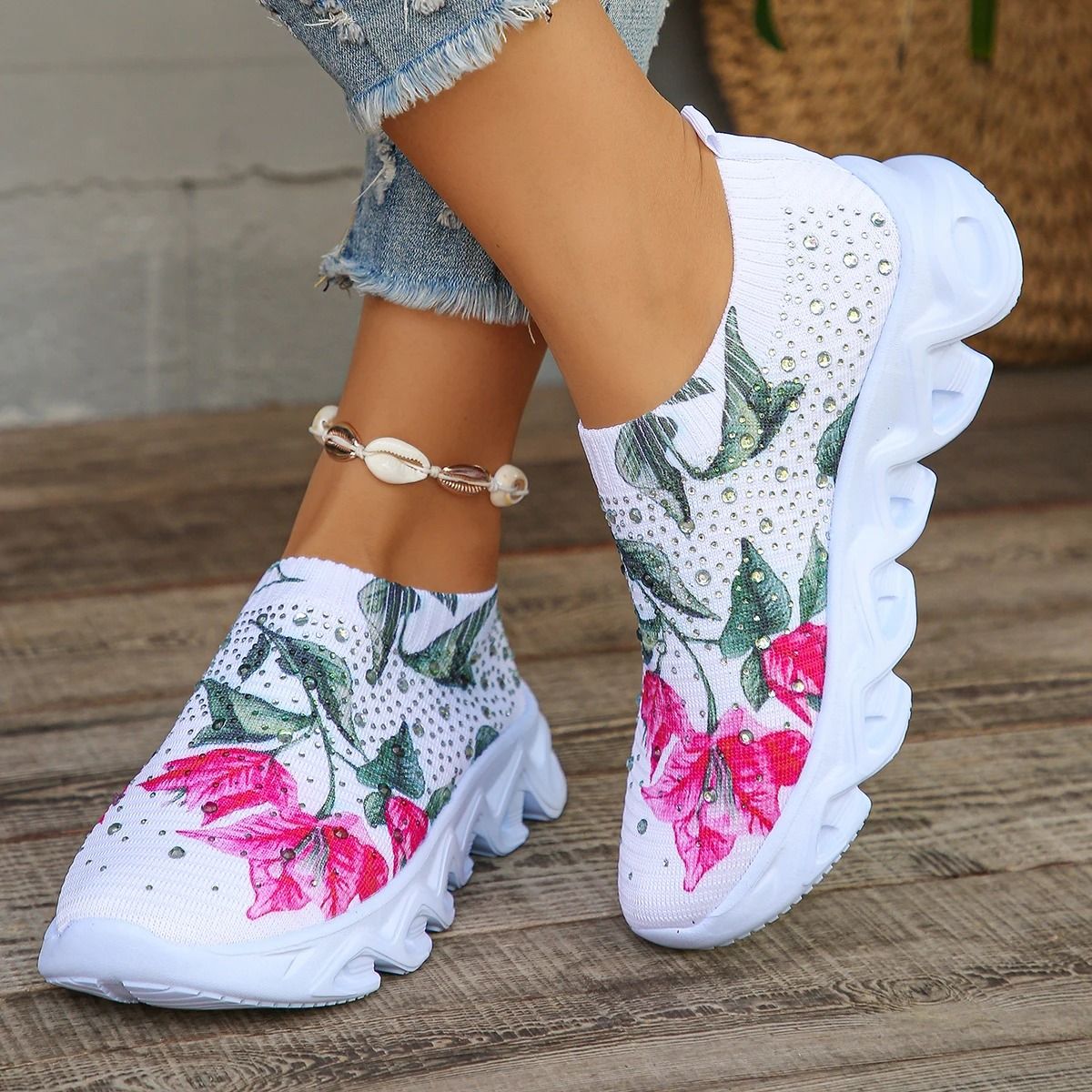 Crystal Floral Knitted Sneakers  Breathable Mesh Lightweight Walking Shoes For Women 1