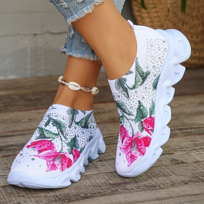 Crystal Floral Knitted Sneakers  Breathable Mesh Lightweight Walking Shoes For Women 1