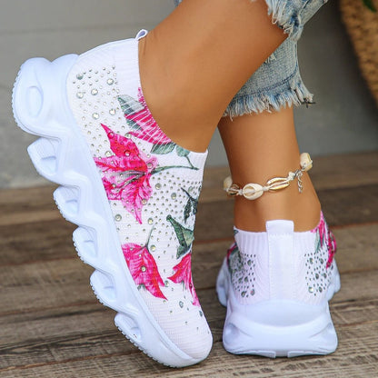 Crystal Floral Knitted Sneakers  Breathable Mesh Lightweight Walking Shoes For Women 2