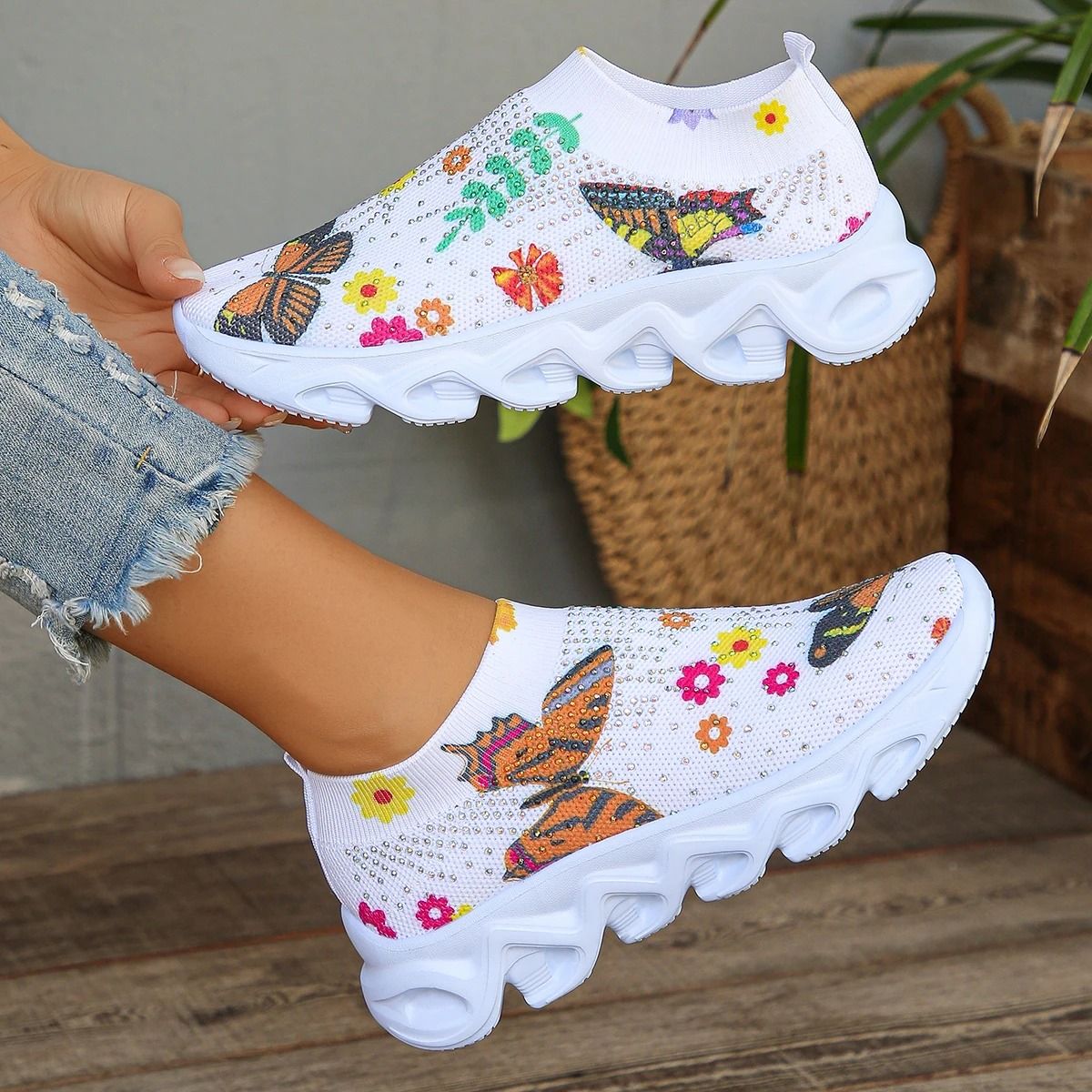 Crystal Floral Knitted Sneakers  Breathable Mesh Lightweight Walking Shoes For Women 3
