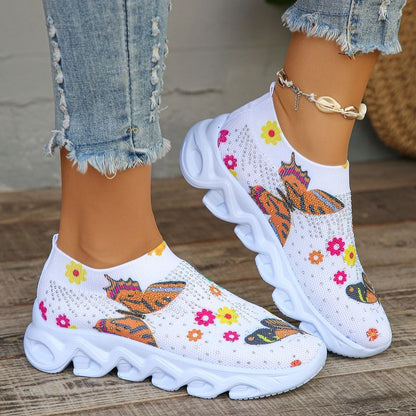 Crystal Floral Knitted Sneakers  Breathable Mesh Lightweight Walking Shoes For Women 4