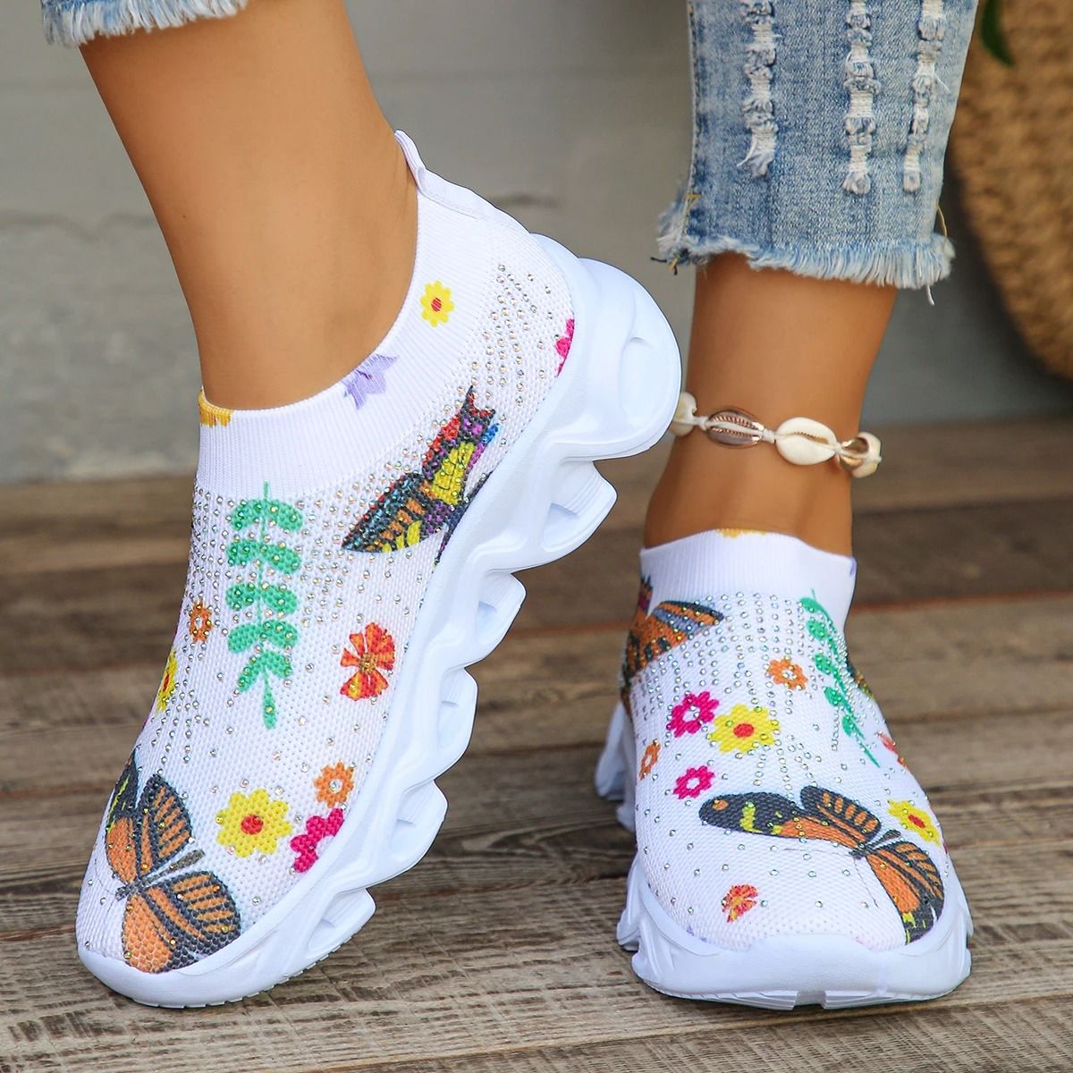 Crystal Floral Knitted Sneakers  Breathable Mesh Lightweight Walking Shoes For Women 5