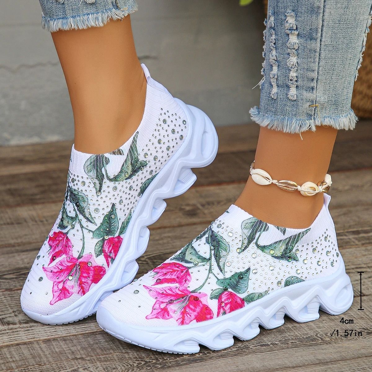 Crystal Floral Knitted Sneakers  Breathable Mesh Lightweight Walking Shoes For Women 6
