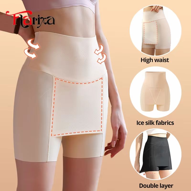 Womens High Waist Double Layer Safety Shorts Ice Silk Under Skirt Protective Panties