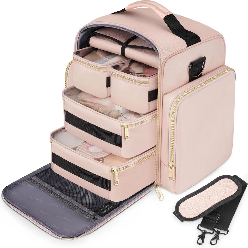 Large Travel Cosmetic Organizer Bag with Removable Storage Boxes and Jewelry Roll