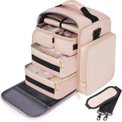 Large Travel Cosmetic Organizer Bag with Removable Storage Boxes and Jewelry Roll