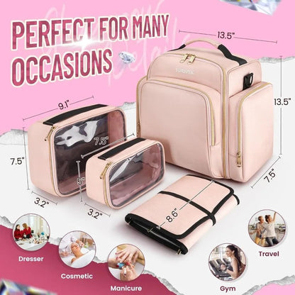 Large Travel Cosmetic Organizer Bag With Removable Storage Boxes And Jewelry Roll 1