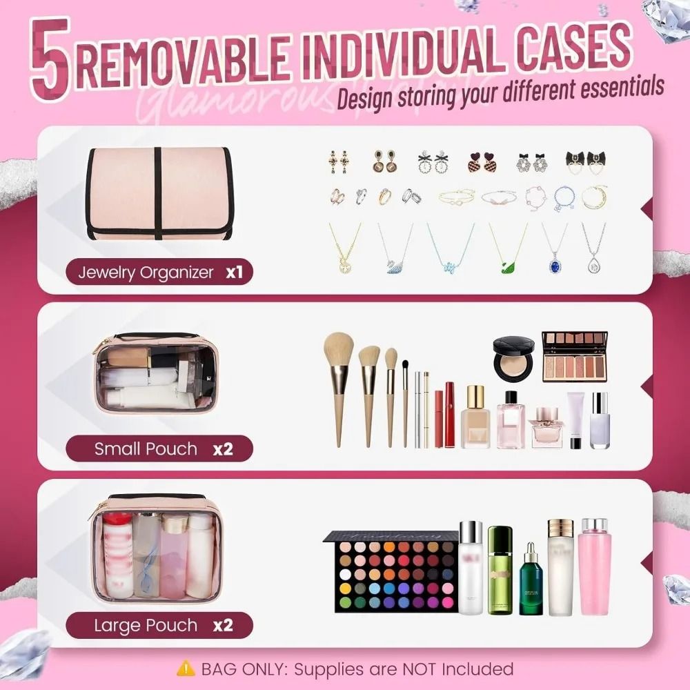 Large Travel Cosmetic Organizer Bag With Removable Storage Boxes And Jewelry Roll 3