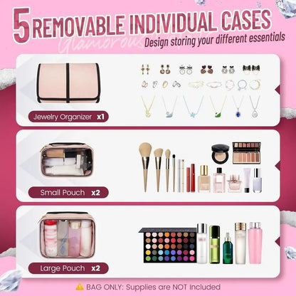 Large Travel Cosmetic Organizer Bag With Removable Storage Boxes And Jewelry Roll 3