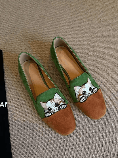 Cat Embroidered Square Toe Ballet Flats Women Comfort SlipOn Shoes 1