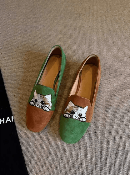 Cat Embroidered Square Toe Ballet Flats Women Comfort SlipOn Shoes 2