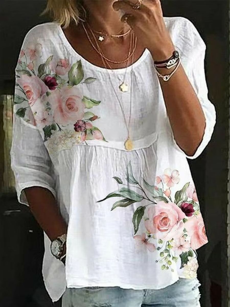 Womens Loose Fit Printed Round Neck Casual Shirt for Holiday and Weekend Wear