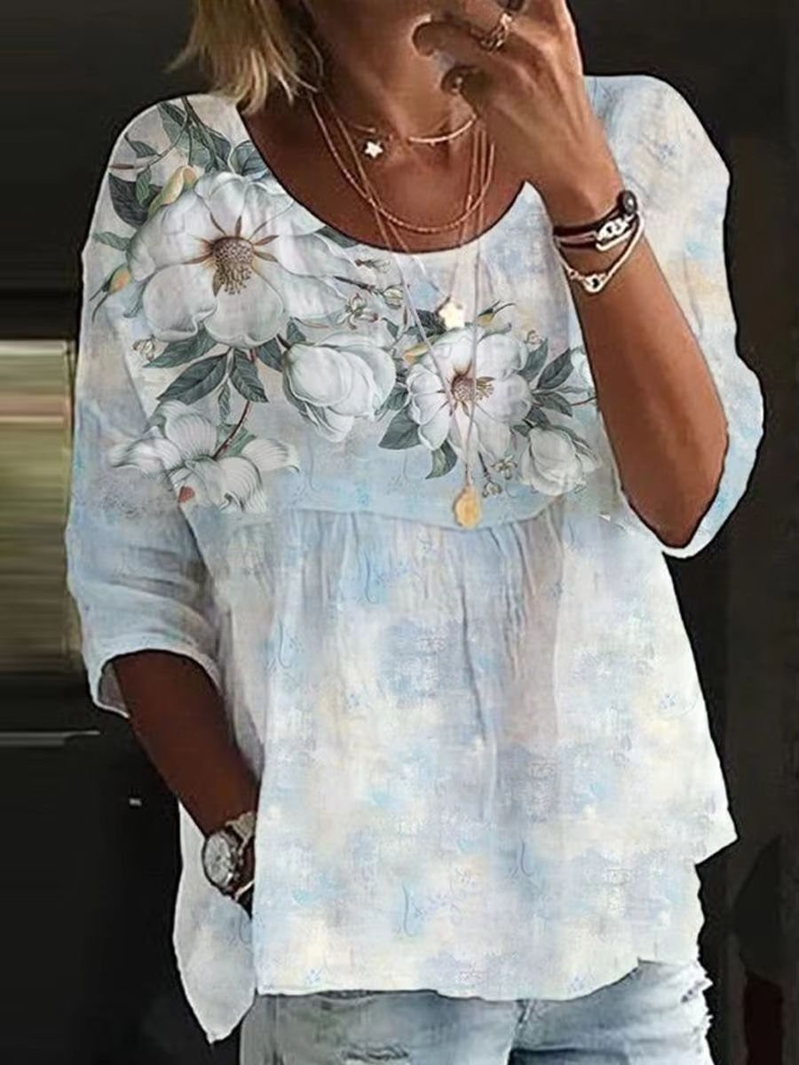 Womens Loose Fit Printed Round Neck Casual Shirt For Holiday And Weekend Wear 1