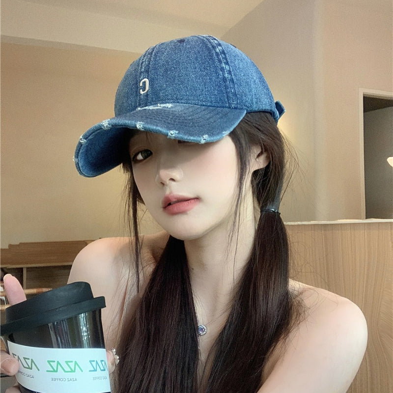 Adjustable Broken Hole Denim Baseball Cap For Big Head Circumference Korean Casual Duckbill Cap Ver 2