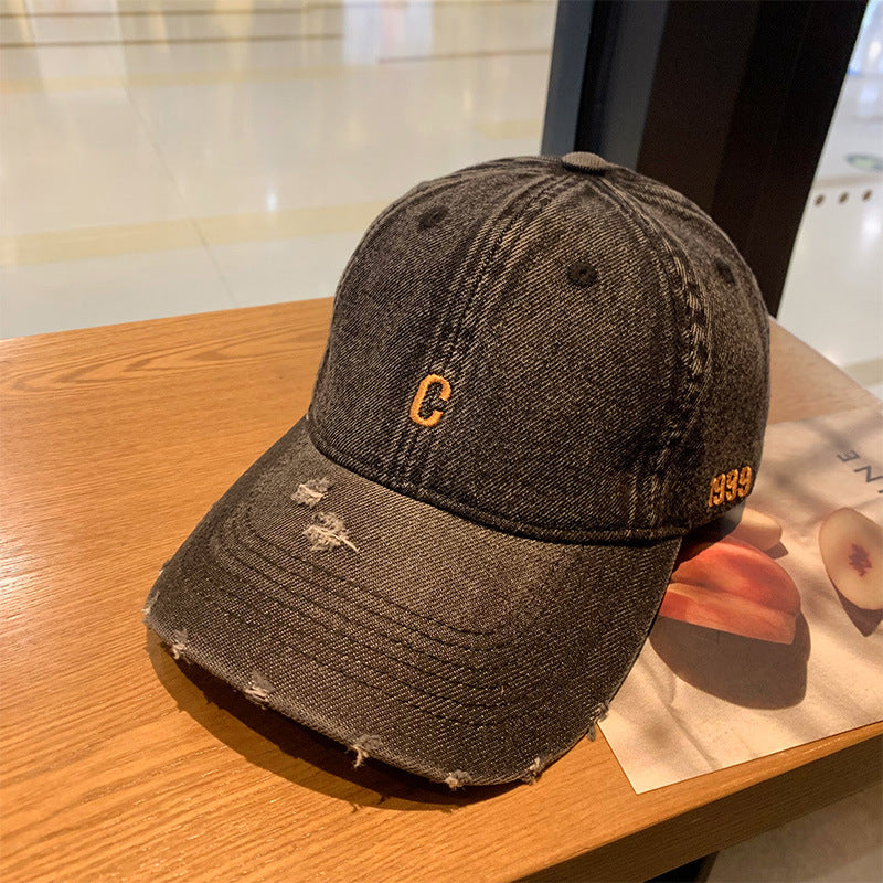 Adjustable Broken Hole Denim Baseball Cap For Big Head Circumference Korean Casual Duckbill Cap Ver 4