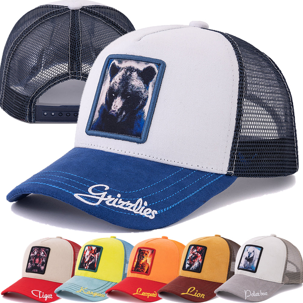 Unisex Trucker Hat Hot Sale, Suede Sun Hat with Grizzlies Pattern Patch, Summer Animal Baseball Cap for Men Women