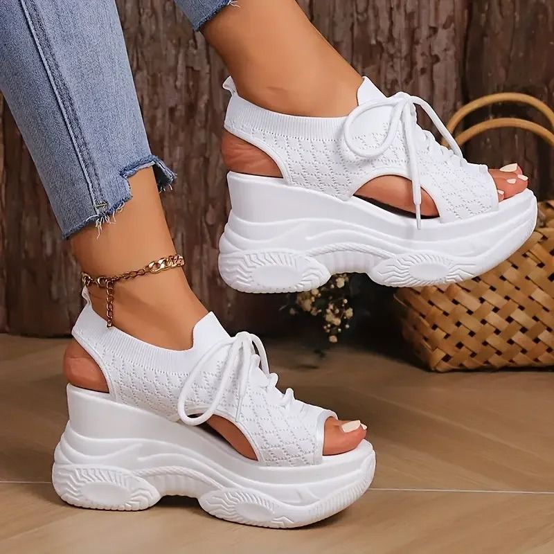 Women Round toe Wedge Lace up Casual Sneakers Breathable Non-slip Thick Sole
