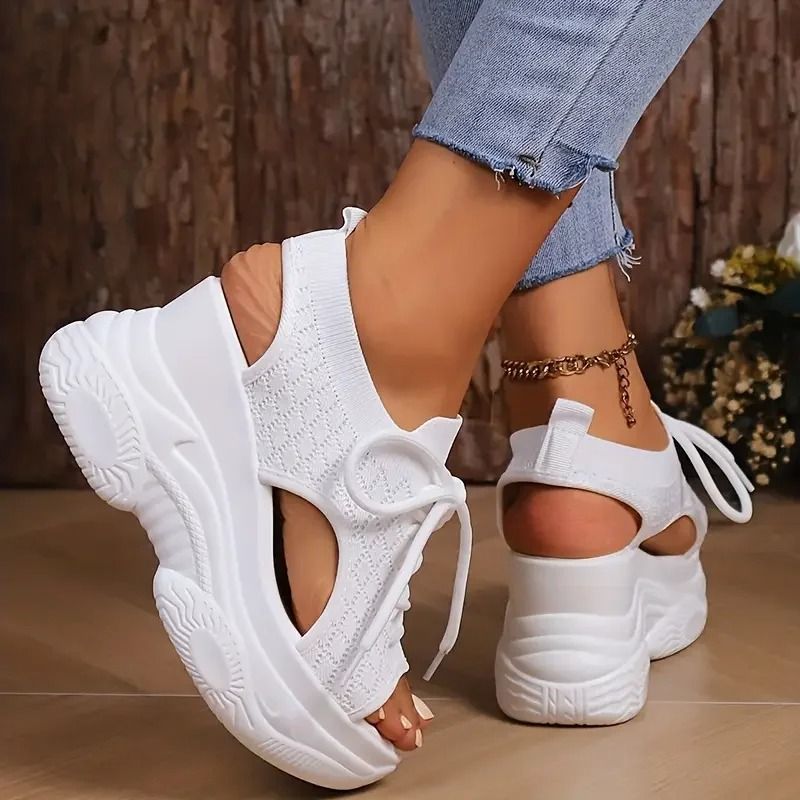 Women Round Toe Wedge Lace Up Casual Sneakers Breathable Nonslip Thick Sole 2