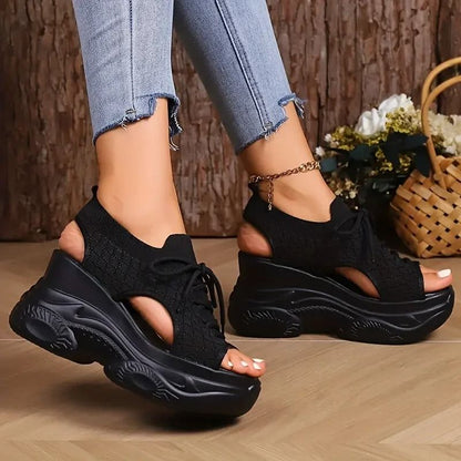 Women Round Toe Wedge Lace Up Casual Sneakers Breathable Nonslip Thick Sole 4