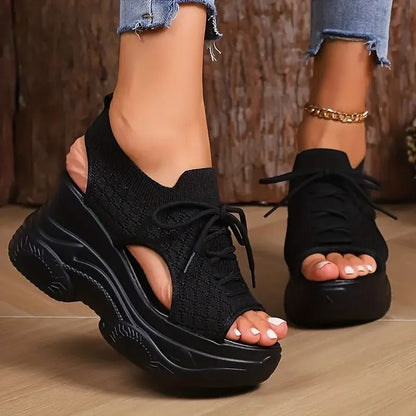 Women Round Toe Wedge Lace Up Casual Sneakers Breathable Nonslip Thick Sole 5