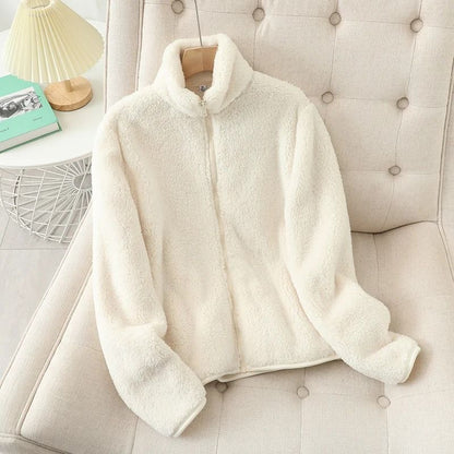 Womens Winter Warm Double Sided Fleece Coat with Reversible Velvet Coral and Polar Fleece