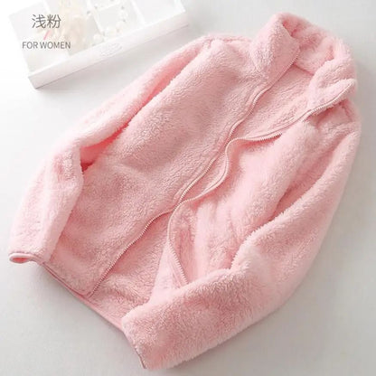 Womens Winter Warm Double Sided Fleece Coat With Reversible Velvet Coral And Polar Fleece 12