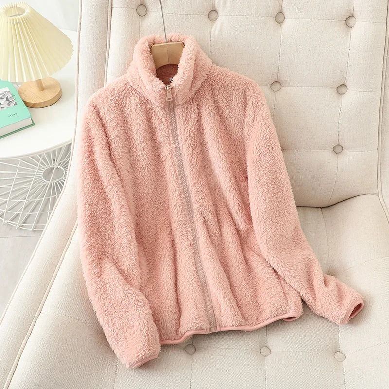 Womens Winter Warm Double Sided Fleece Coat With Reversible Velvet Coral And Polar Fleece 4