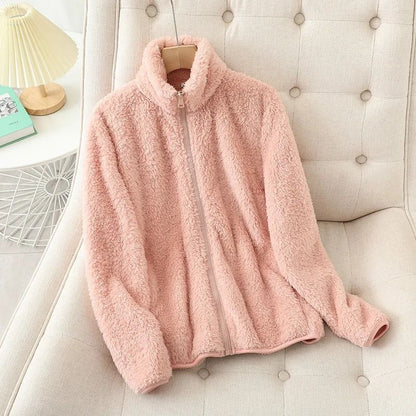 Womens Winter Warm Double Sided Fleece Coat With Reversible Velvet Coral And Polar Fleece 4