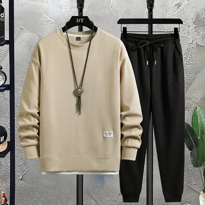Men Summer Waffle Casual TShirt And Pants Set Loose Sports Tracksuit 1