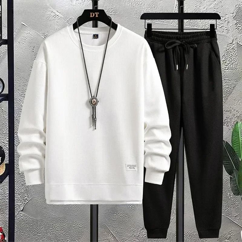 Men Summer Waffle Casual TShirt And Pants Set Loose Sports Tracksuit 2