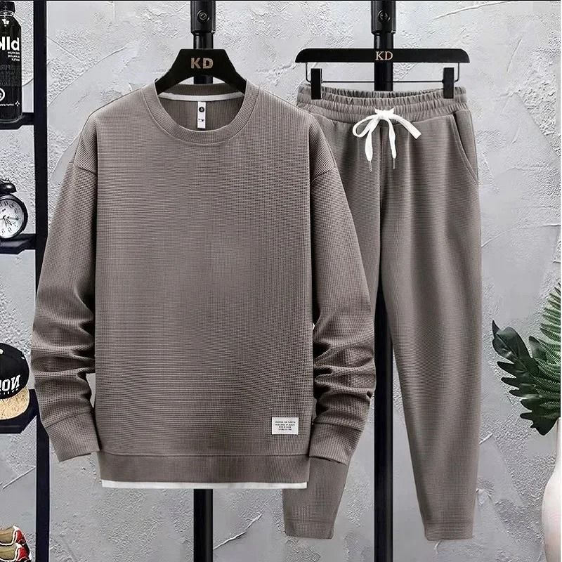 Men Summer Waffle Casual TShirt And Pants Set Loose Sports Tracksuit 6