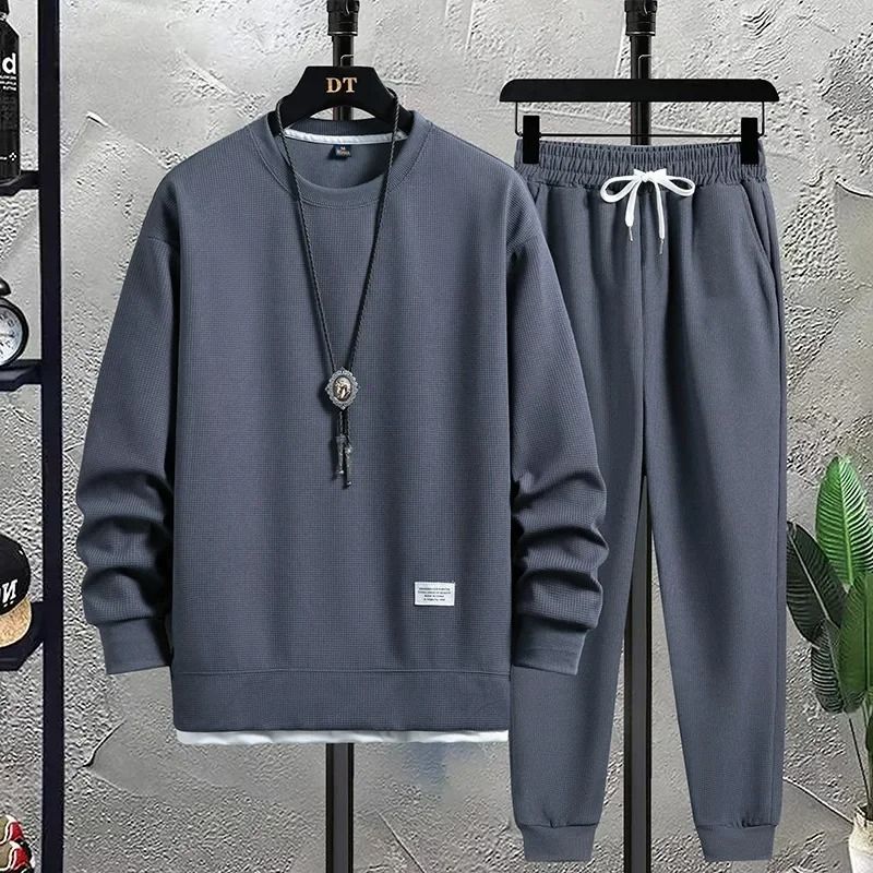 Men Summer Waffle Casual TShirt And Pants Set Loose Sports Tracksuit 7