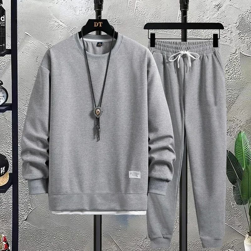 Men Summer Waffle Casual TShirt And Pants Set Loose Sports Tracksuit 8