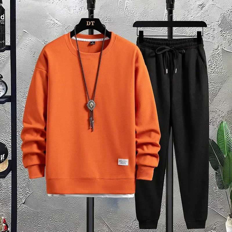 Men Summer Waffle Casual TShirt And Pants Set Loose Sports Tracksuit 9