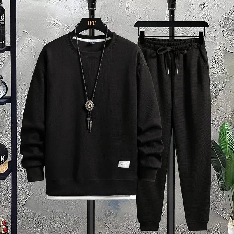 Men Summer Waffle Casual TShirt And Pants Set Loose Sports Tracksuit 10