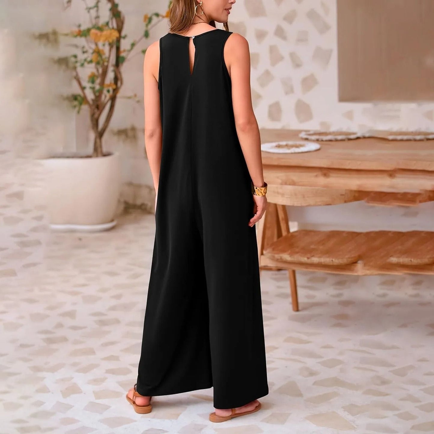 Womens Loose Strap Jumpsuit Romper With Wide Leg Trousers And Sleeveless Boat Neck Design 2