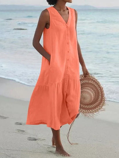 Women Summer Cotton Linen Patchwork Midi Dress with Pockets