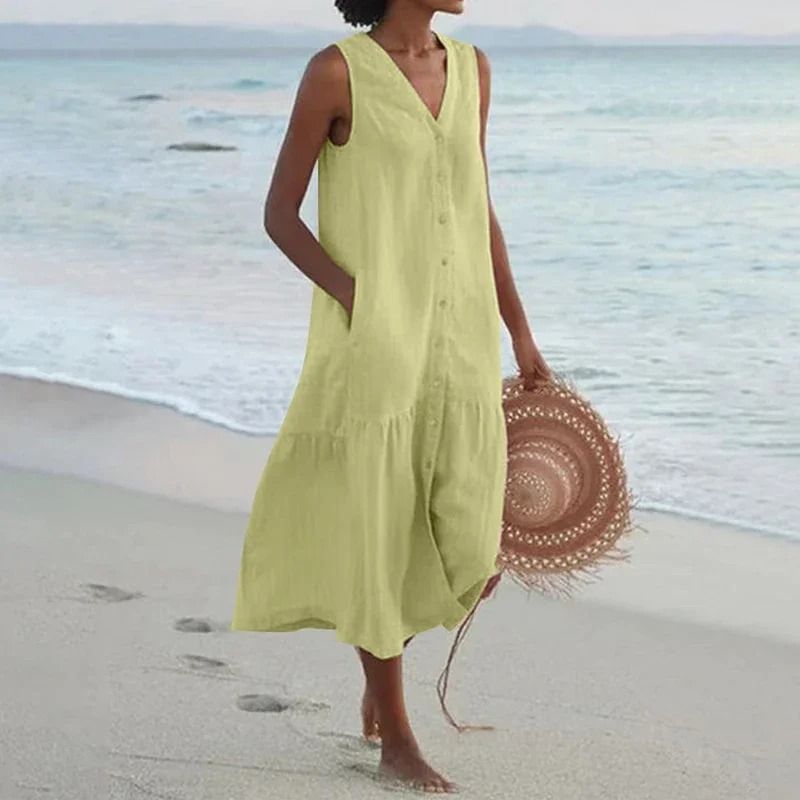 Women Summer Cotton Linen Patchwork Midi Dress With Pockets 9