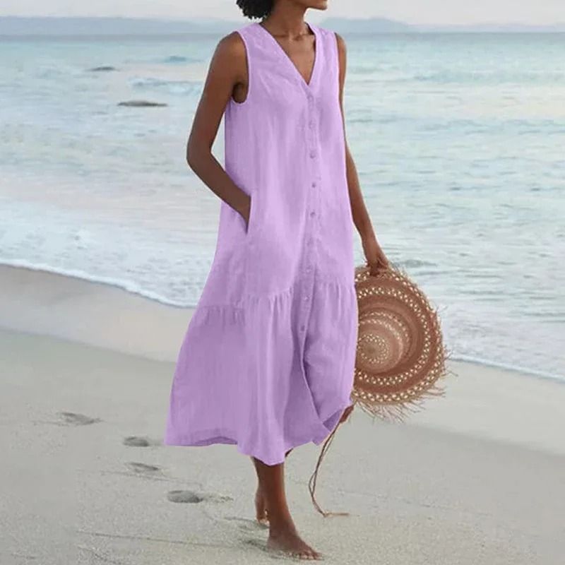 Women Summer Cotton Linen Patchwork Midi Dress With Pockets 10
