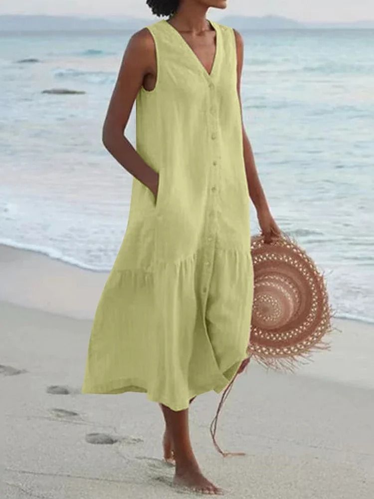 Women Summer Cotton Linen Patchwork Midi Dress With Pockets 1