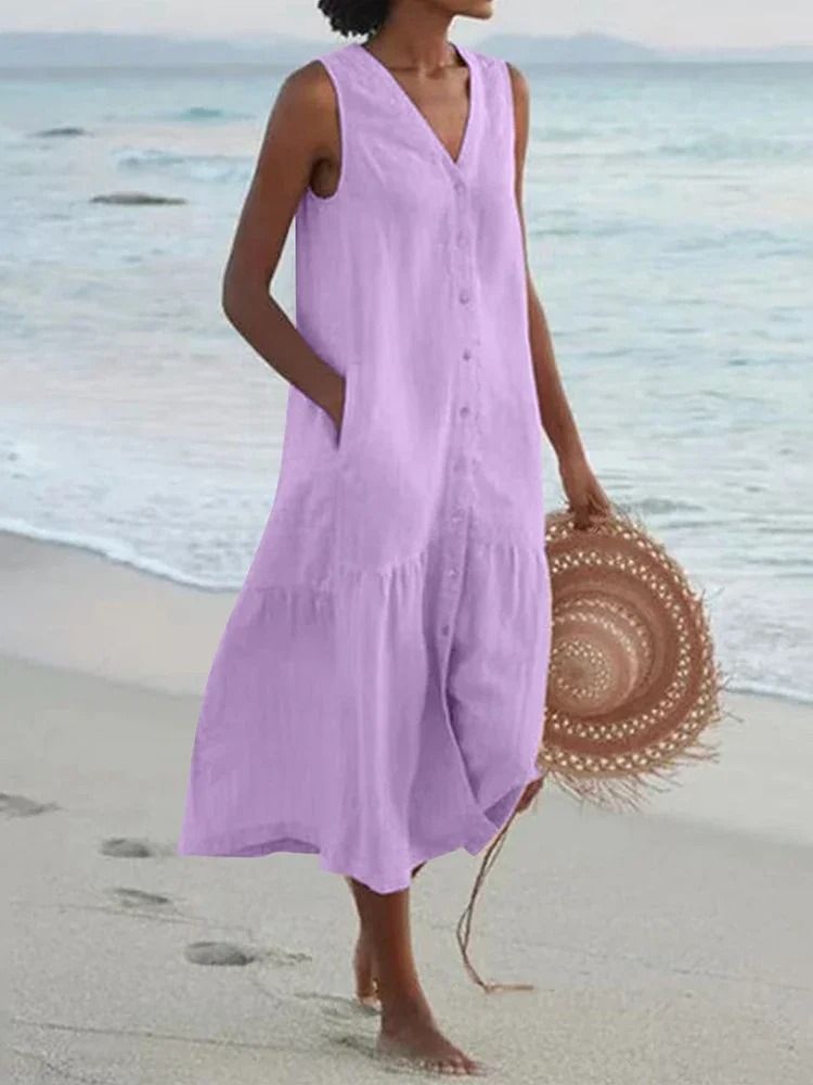 Women Summer Cotton Linen Patchwork Midi Dress With Pockets 2