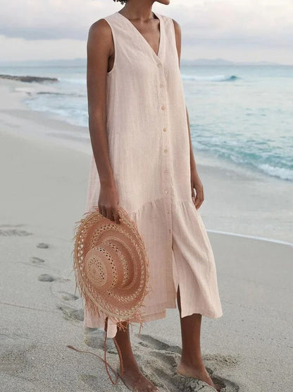 Women Summer Cotton Linen Patchwork Midi Dress With Pockets 3