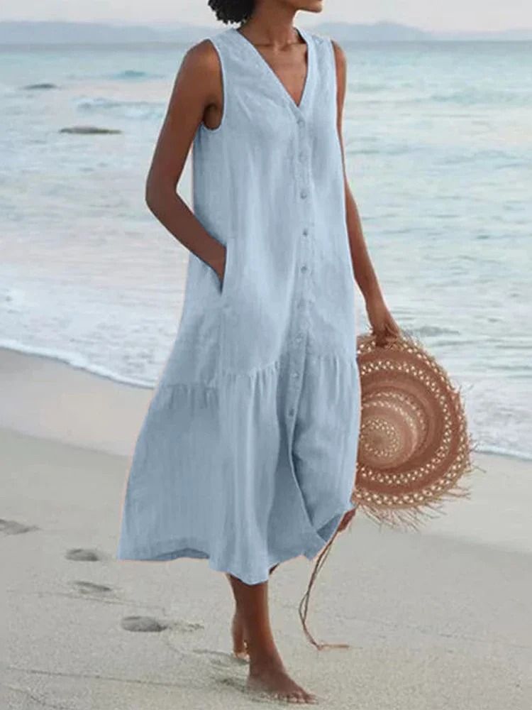 Women Summer Cotton Linen Patchwork Midi Dress With Pockets 4