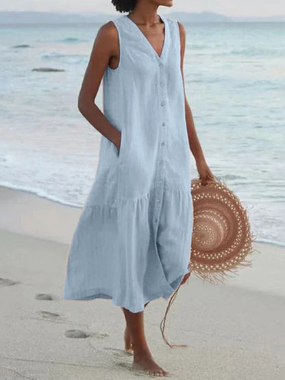 Women Summer Cotton Linen Patchwork Midi Dress With Pockets 4