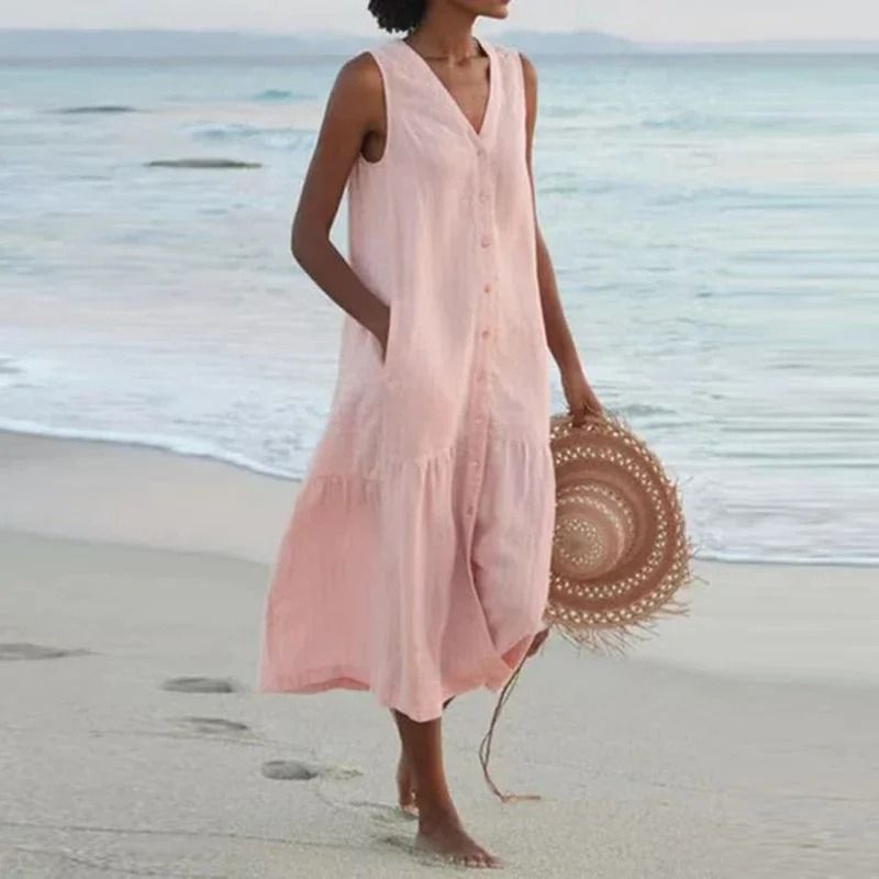 Women Summer Cotton Linen Patchwork Midi Dress With Pockets 7