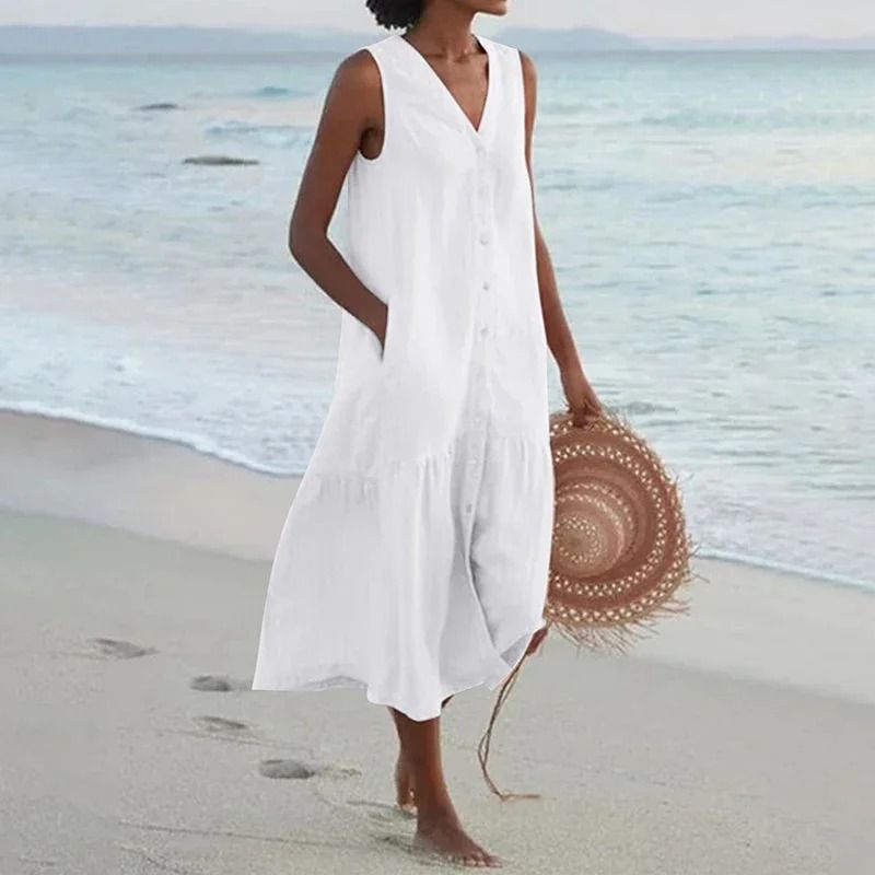 Women Summer Cotton Linen Patchwork Midi Dress With Pockets 8