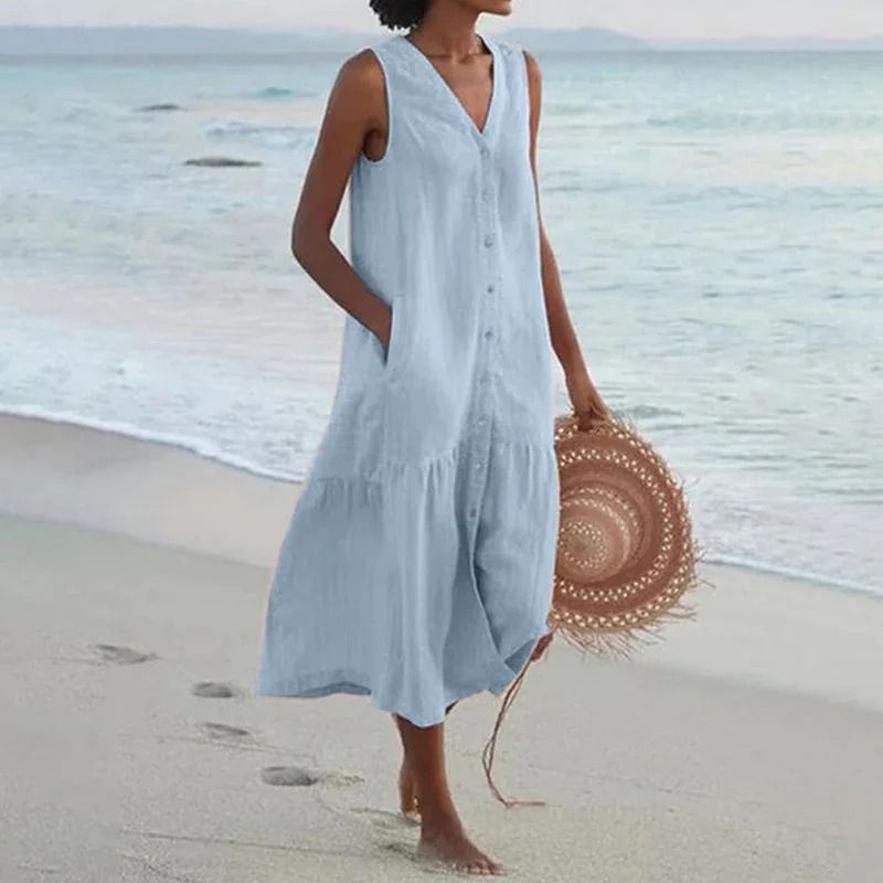 Women Summer Cotton Linen Patchwork Midi Dress With Pockets 11