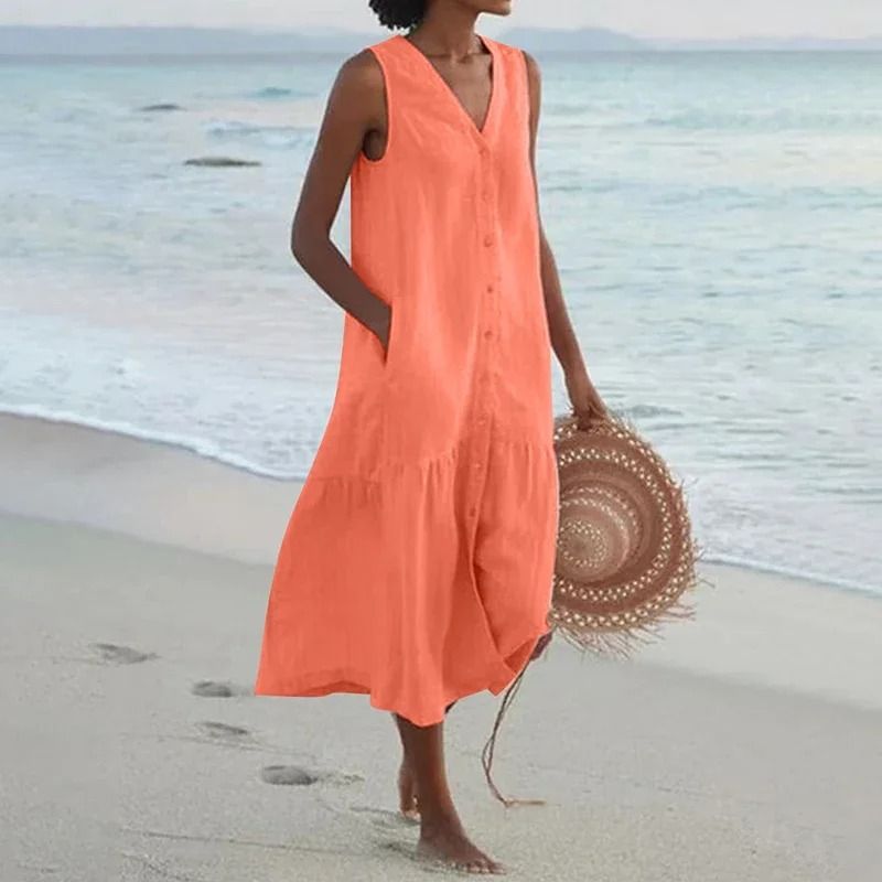 Women Summer Cotton Linen Patchwork Midi Dress With Pockets 12